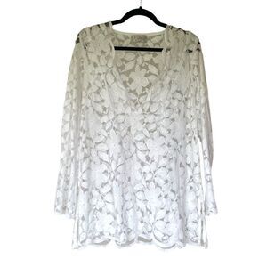 J. VALDI Luxury Lace Swimwear Coverup Side Slits Long Bell Sleeves White S